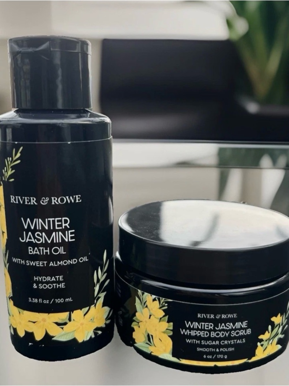 Winter Jasmine Bath Oil & Whipped Body Scrub - Black with Yellow Floral Accents